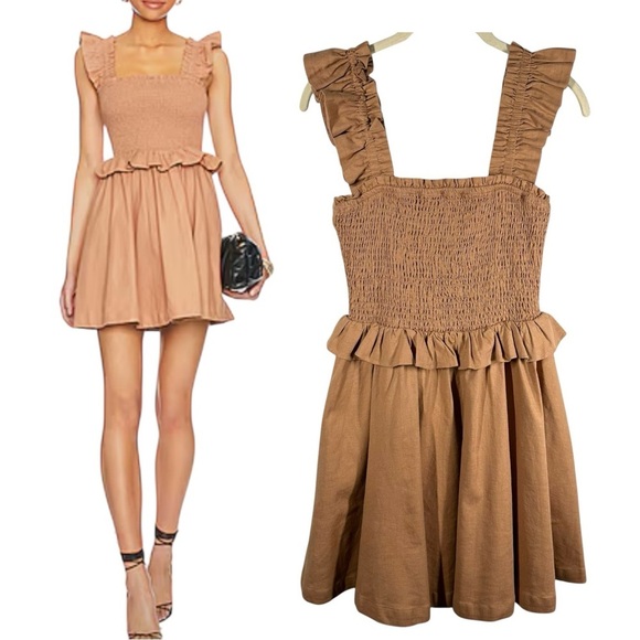 Tularosa Hillary Mini Dress Women's Medium M‎ Copper Linen Ruffle Smock Pockets - Picture 1 of 8